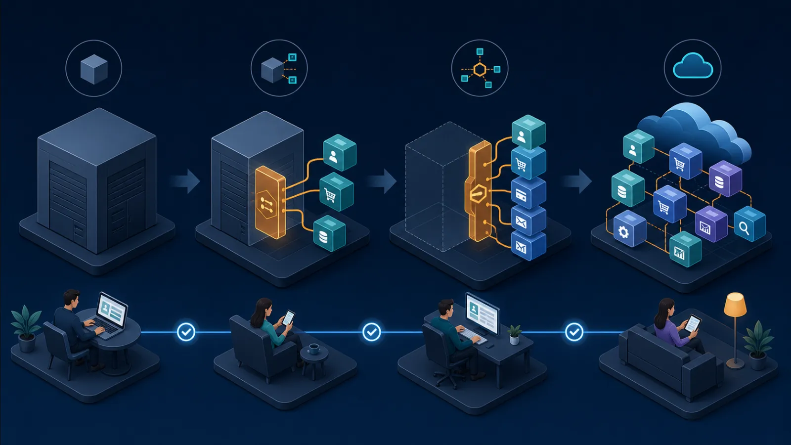 Four-stage roadmap replacing legacy capabilities through controlled routing and data cutover