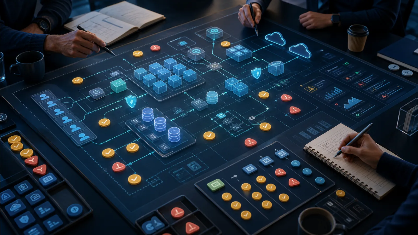 Technical team examining architecture risks and evidence