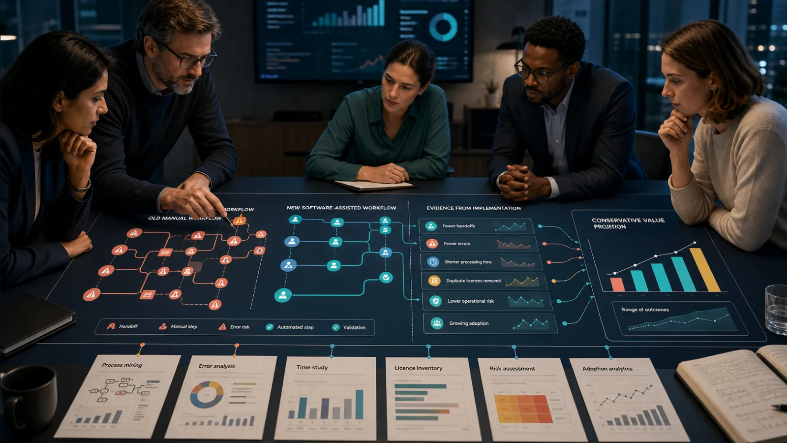 Business team testing software ROI assumptions
