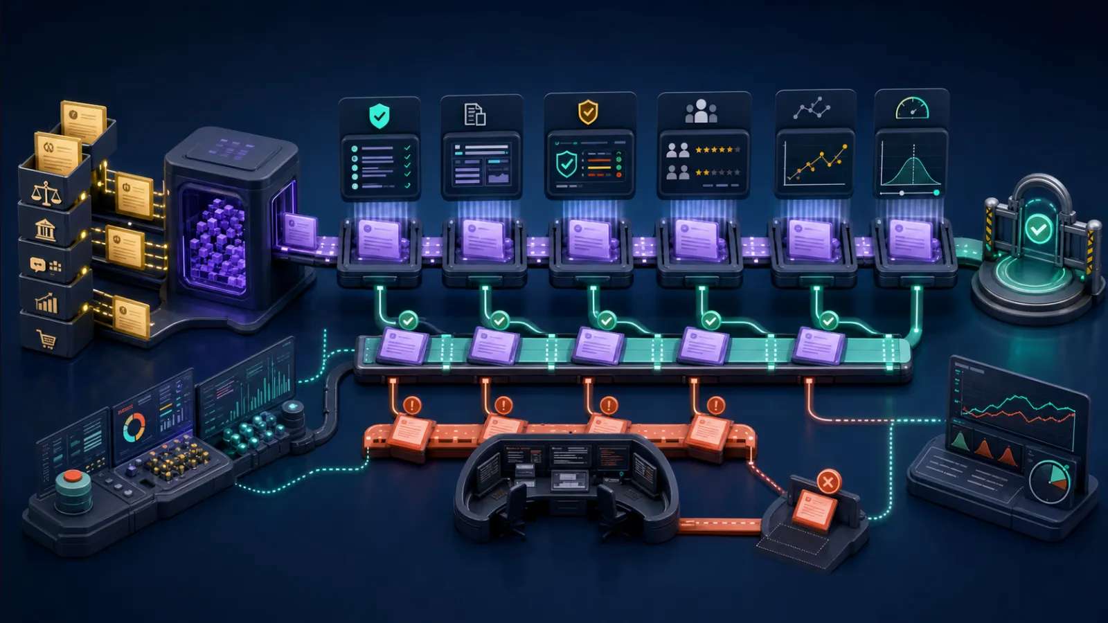 Evaluation pipeline comparing AI outputs against versioned quality criteria