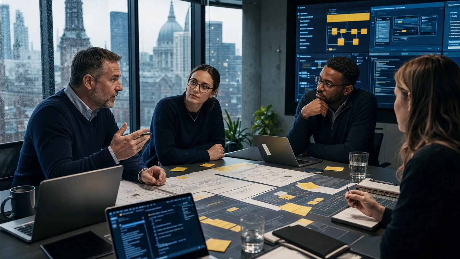 UK client and software team reviewing architecture, risks and delivery evidence together