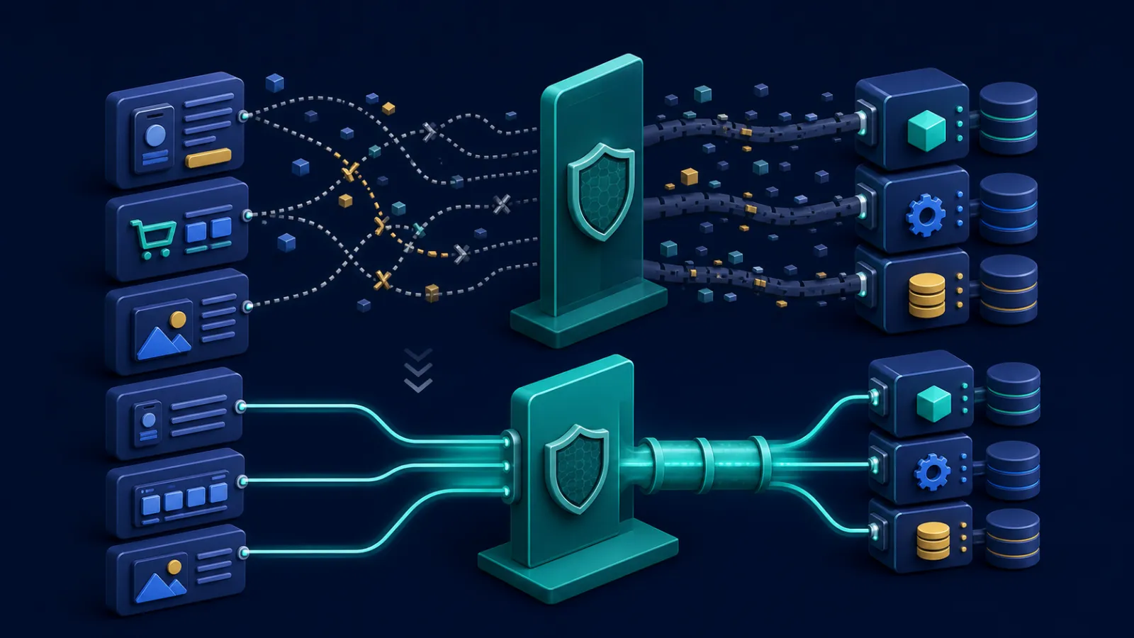 Comparison of tangled manual API connections with a streamlined BFF integration path