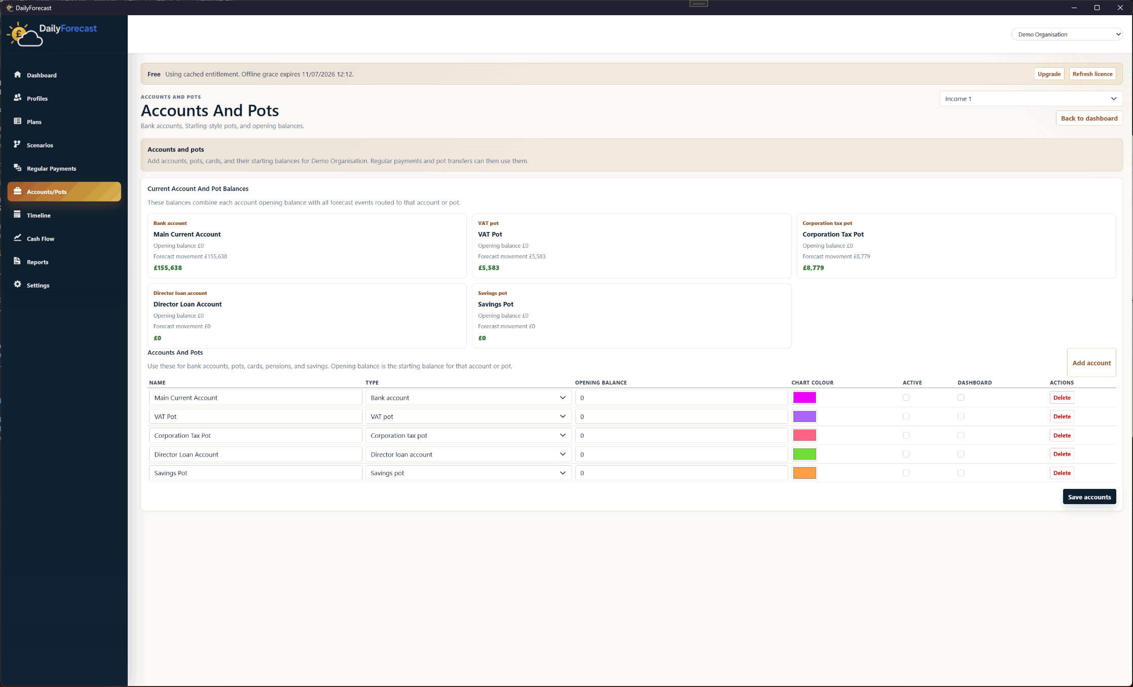 DailyForecast's Accounts and Pots models the real-world way businesses manage money