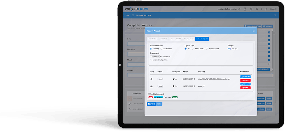 WaiverForm Management Console on a tablet