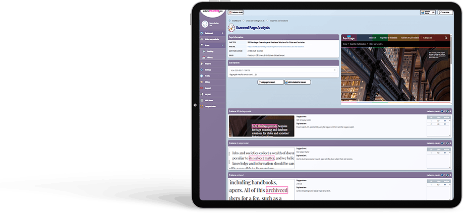 Website SpellChecker dashboard displayed on a tablet